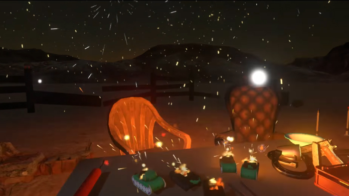 Screenshot of a night scene in the desert - a table and chairs are lit by a selection of small tanks shooting fireworks into the darkness.