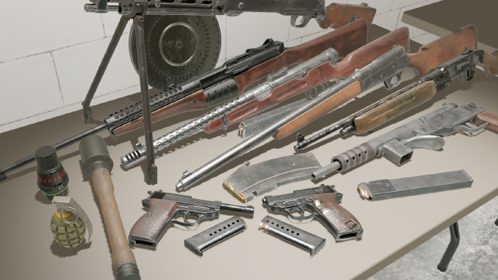 Screenshot of a table with several pistols, rifles, grenades and machine guns.