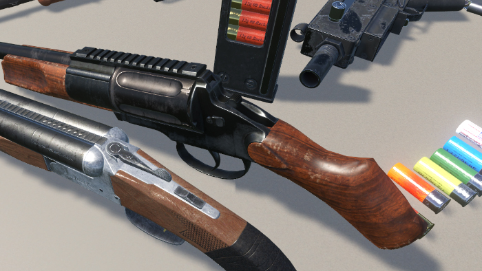 Screenshot of two shotguns alongside several shells with different colored plastic casing.
