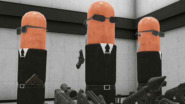 Screenshot of three human-height hot dogs dressed in black suits with white button-up shirts and black ties. They are wearing sunglasses and earpieces. The middle hot dog brandishes a pistol menacingly.